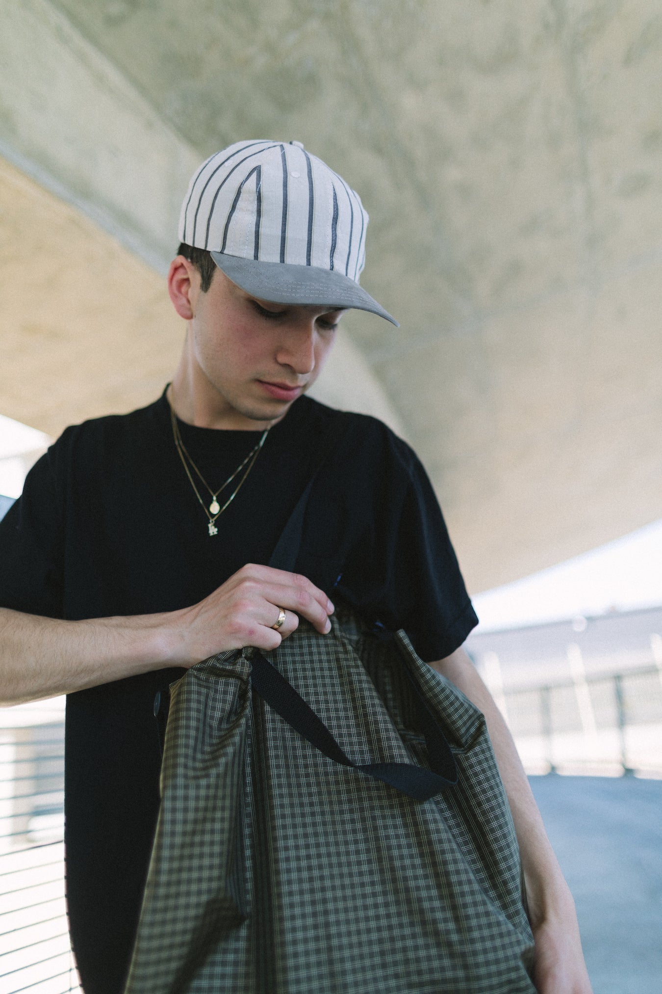 Oversized Nylon Tote Bag - Brown check
