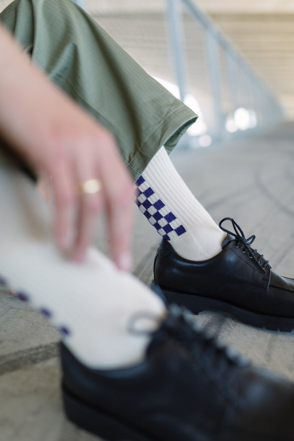 Cotton Check Crew Socks -Purple