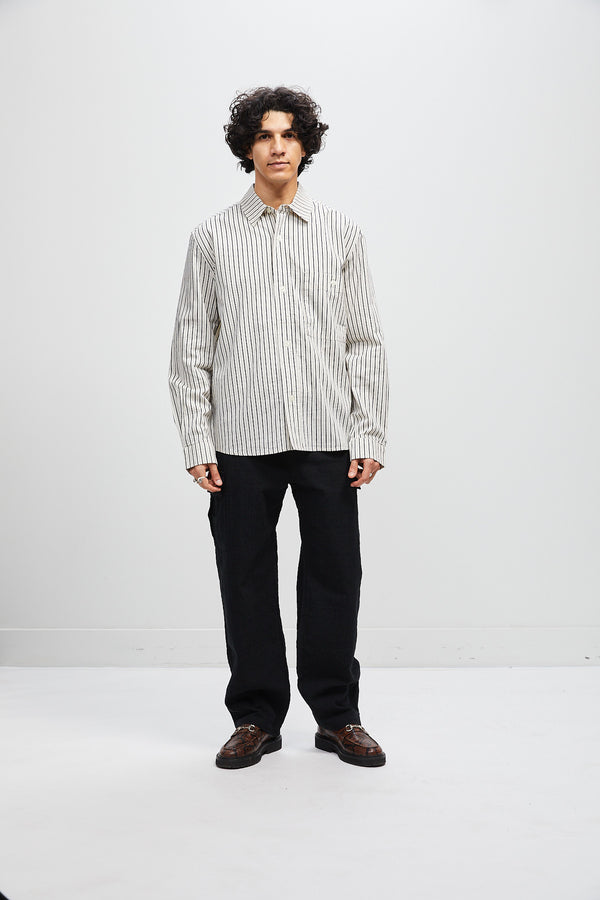 Italian Relaxed Button Up Shirt - Natural with Navy Stripe