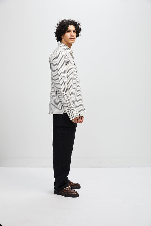 Italian Relaxed Button Up Shirt - Natural with Navy Stripe
