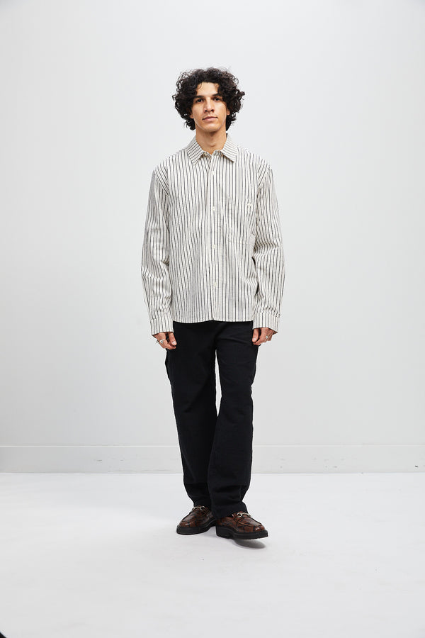 Italian Relaxed Button Up Shirt - Natural with Navy Stripe