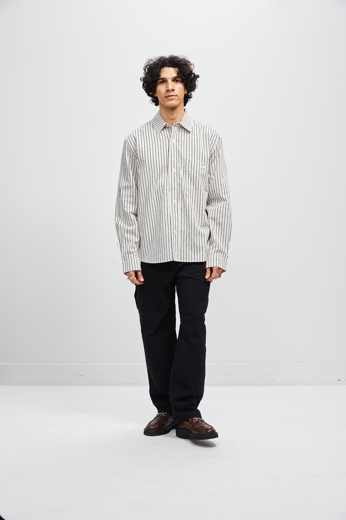 Italian Relaxed Button Up Shirt - Natural with Navy Stripe