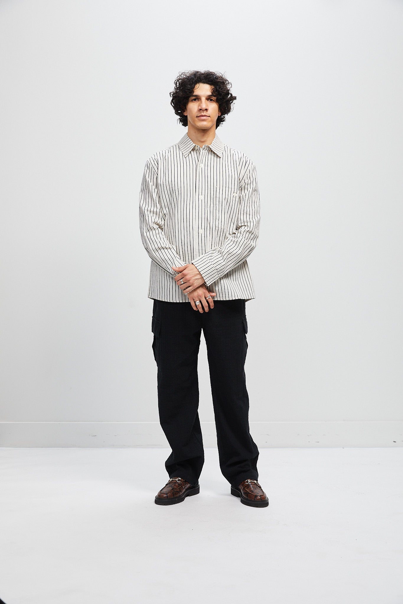 Italian Relaxed Button Up Shirt - Natural with Navy Stripe