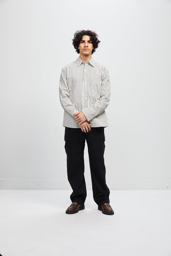 Italian Relaxed Button Up Shirt - Natural with Navy Stripe