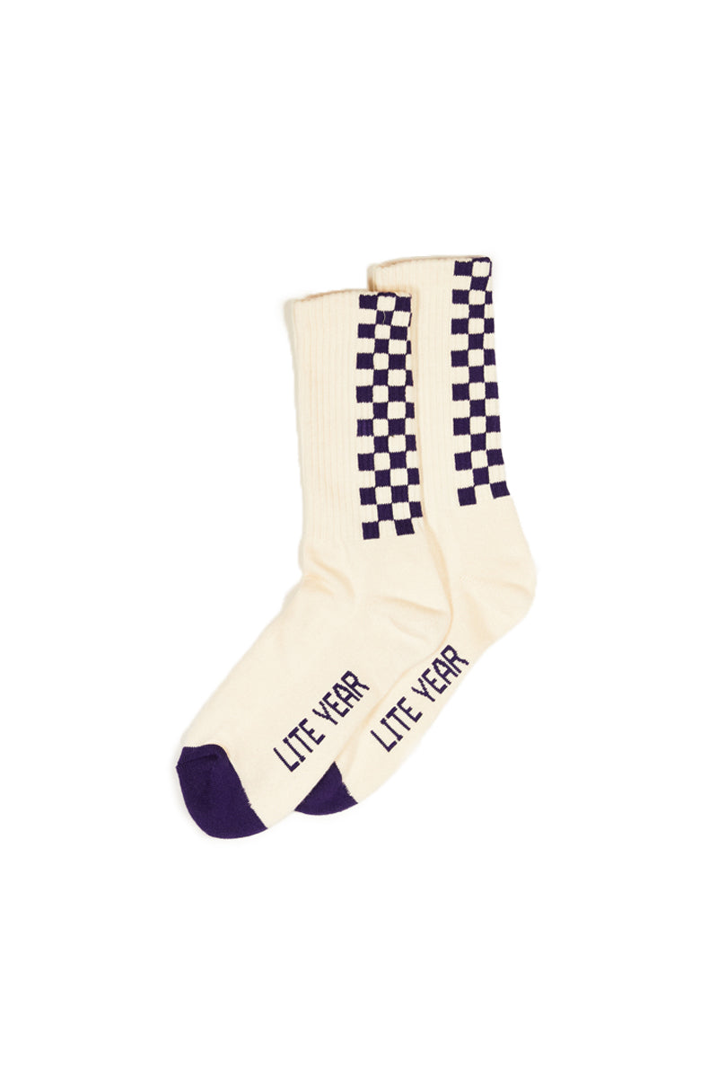 Cotton Check Crew Socks -Purple