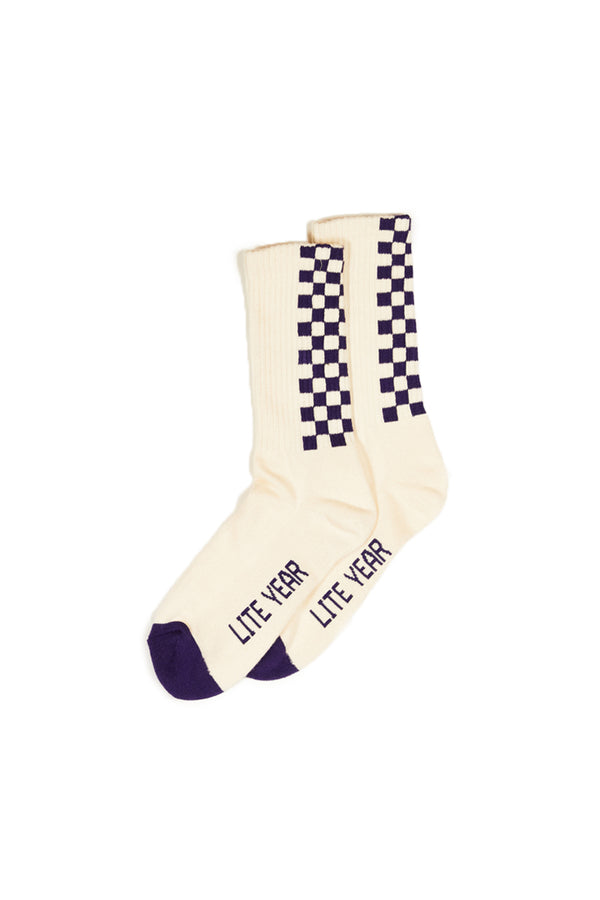 Cotton Check Crew Socks -Purple