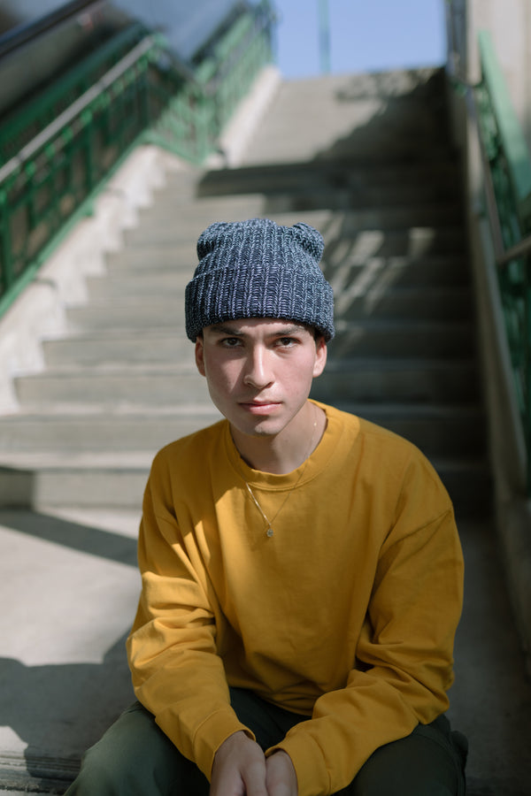 Two Tone Cotton Beanie - Navy