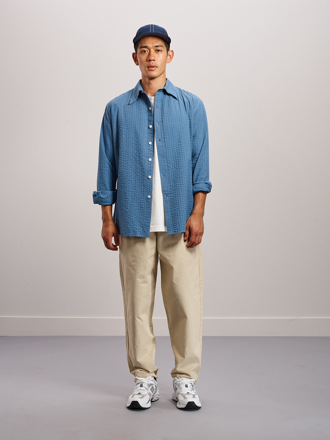 Wide Seersucker Button Up Shirt - Blue